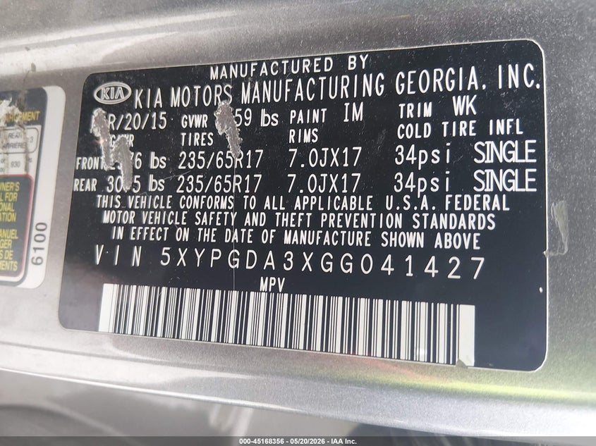 KIA SORENTO 2016 VIN 5XYPGDA3XGG041427