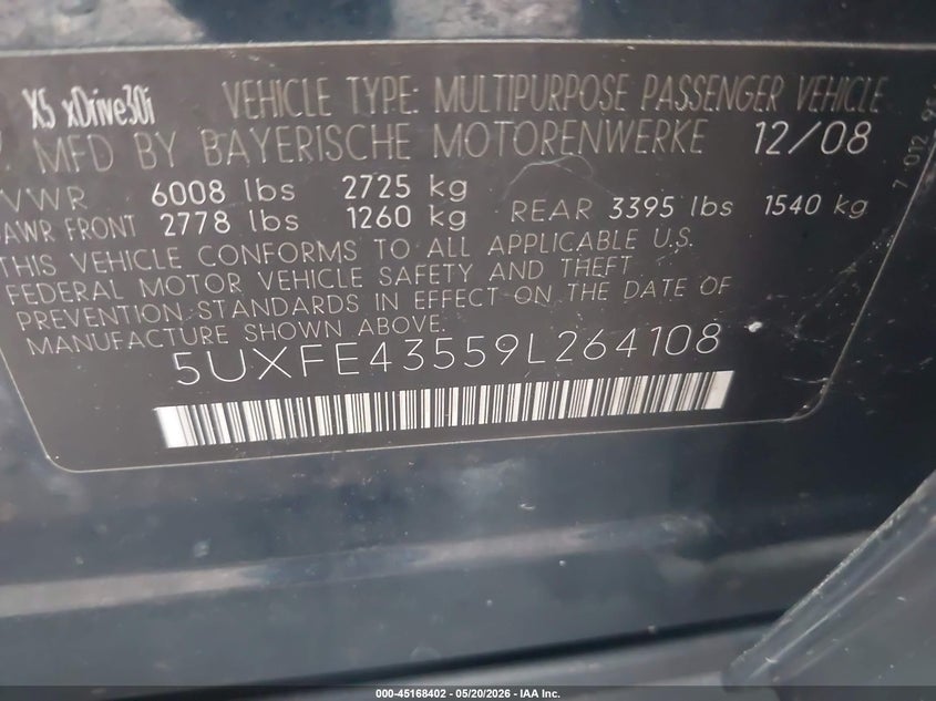 2009 BMW X5 3.0 xDrive30I blue Lot 111045168402 Vin 5UXFE43559L264108