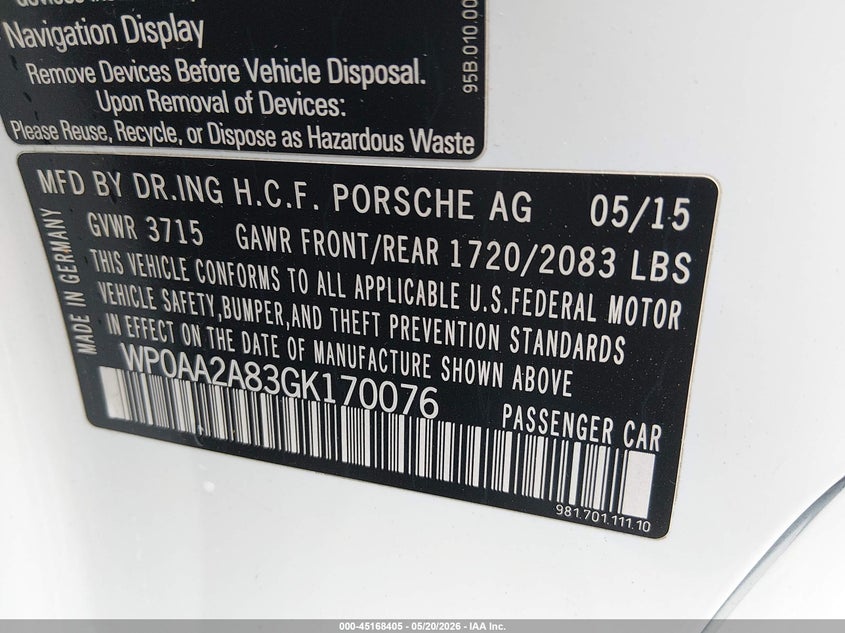 2016 Porsche Cayman VIN: WP0AA2A83GK170076 Lot: 45168405