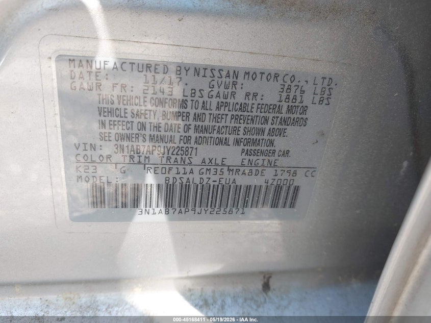VIN 3N1AB7AP9JY225871 2018 NISSAN SENTRA SV