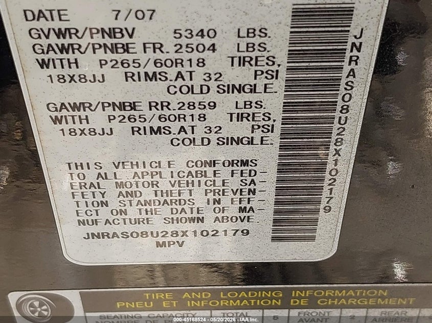 INFINITI FX35 2008 VIN JNRAS08U28X102179