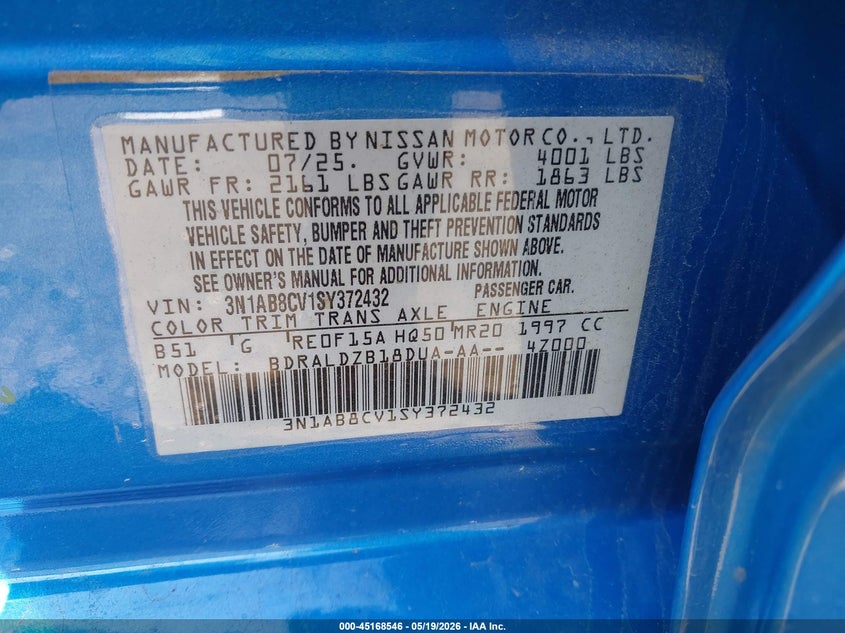 VIN 3N1AB8CV1SY372432 2025 NISSAN SENTRA SV