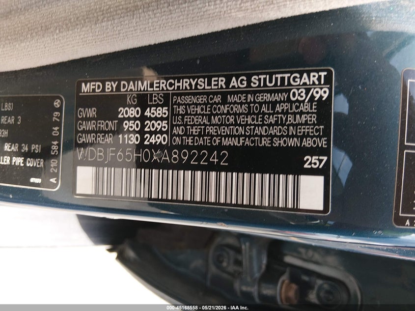 1999 Mercedes-Benz E 320 VIN: WDBJF65H0XA892242 Lot: 45168558
