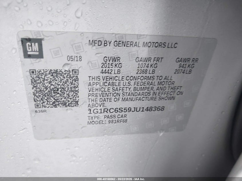 2018 Chevrolet Volt Lt VIN: 1G1RC6S59JU148368 Lot: 45168562