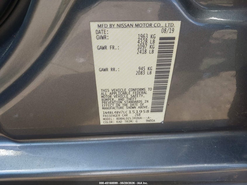 VIN 1N4BL4BV7LC151958 2020 NISSAN ALTIMA S FWD