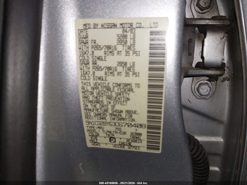 2003 Nissan Xterra Se VIN: 5N1ED28Y63C670408 Lot: 45168606