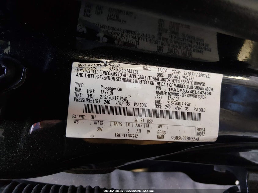 FORD FOCUS 2014 VIN 1FADP3J24EL447456