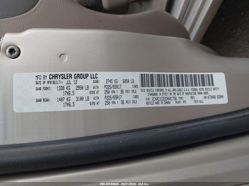 2012 Chrysler Town & Country Touring-L VIN: 2C4RC1CG3CR401730 Lot: 45168646