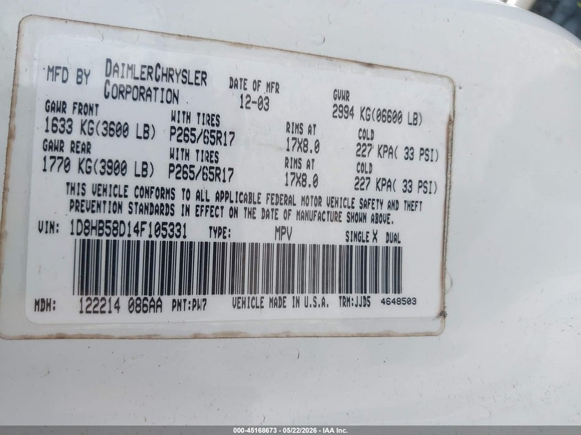 2004 Dodge Durango Limited VIN: 1D8HB58D14F105331 Lot: 45168673