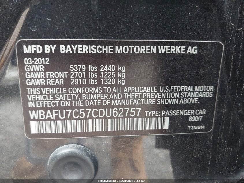 2012 BMW 5er 3.0 535I xDrive grey Lot 111045168681 Vin WBAFU7C57CDU62757
