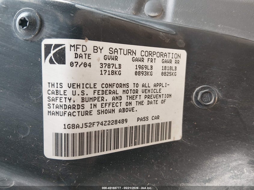2004 Saturn Ion 2 VIN: 1G8AJ52F74Z228489 Lot: 45168777