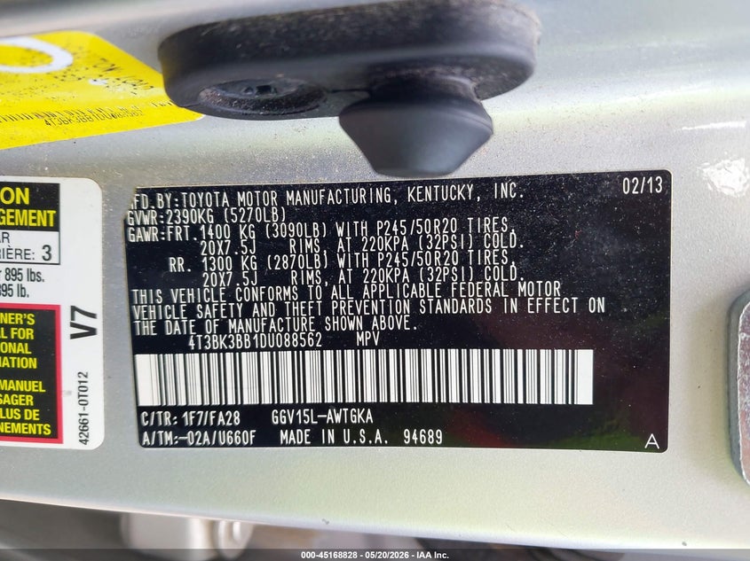 2013 Toyota Venza Le V6 VIN: 4T3BK3BB1DU088562 Lot: 45168828