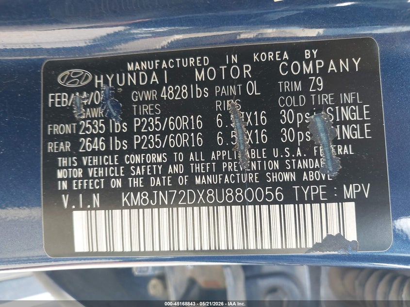 2008 Hyundai Tucson Limited V6/Se VIN: KM8JN72DX8U880056 Lot: 45168843