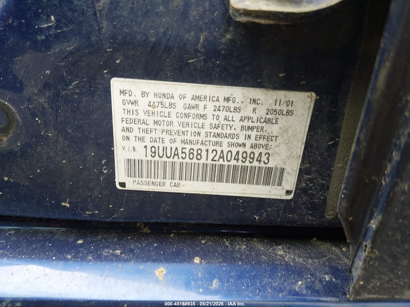 2002 Acura Tl 3.2 Type S VIN: 19UUA56812A049943 Lot: 45168935