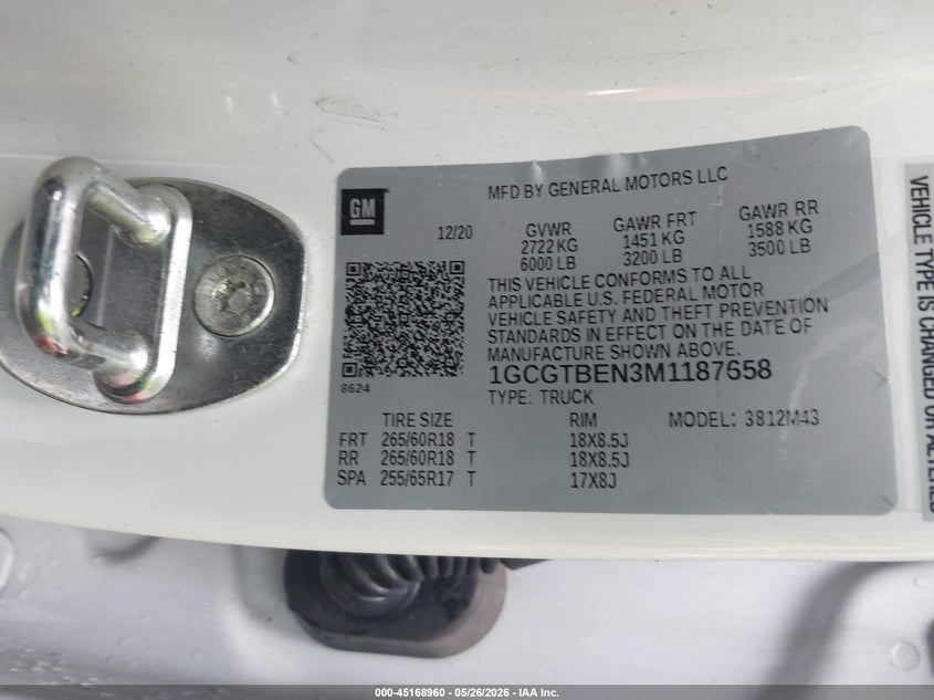 VIN 1GCGTBEN3M1187658 2021 CHEVROLET COLORADO 4WD  SHORT BOX WT