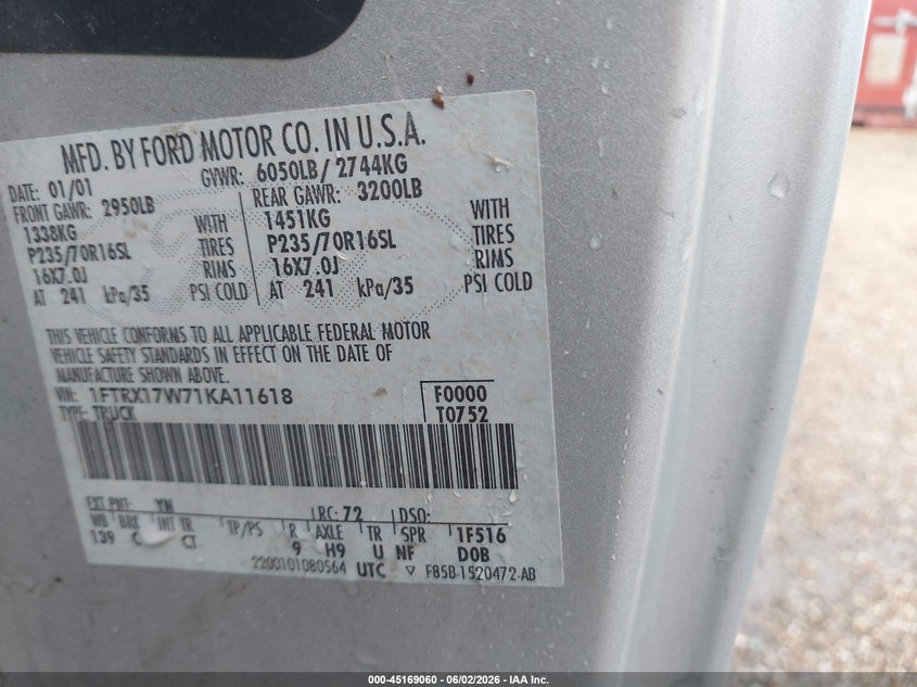 2001 Ford F-150 Lariat/Xl/Xlt VIN: 1FTRX17W71KA11618 Lot: 45169060