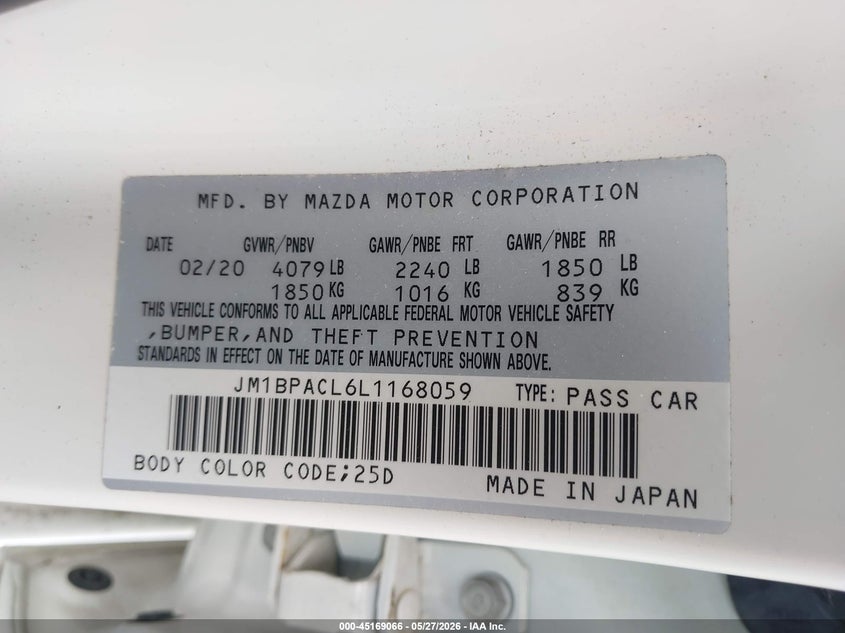 2020 Mazda Mazda3 Select Package VIN: JM1BPACL6L1168059 Lot: 45169066