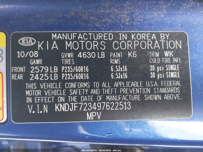 2009 Kia Sportage Ex V6 VIN: KNDJF723497622513 Lot: 45169078