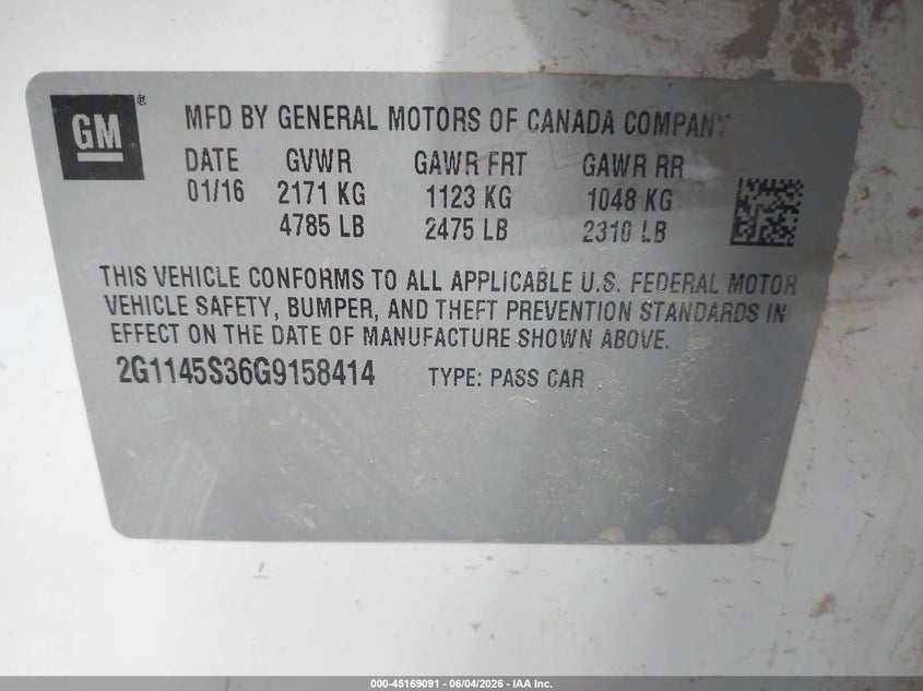 CHEVROLET IMPALA 2016 VIN 2G1145S36G9158414