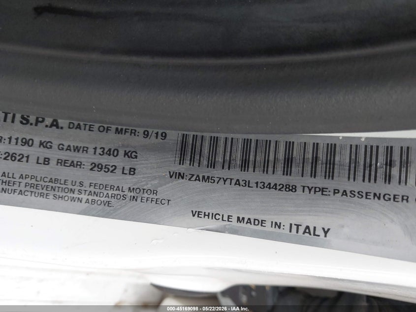 2020 Maserati Ghibli S Q4 VIN: ZAM57YTA3L1344288 Lot: 45169098