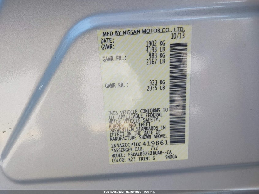 2013 Nissan Leaf S VIN: 1N4AZ0CP1DC419861 Lot: 45169132