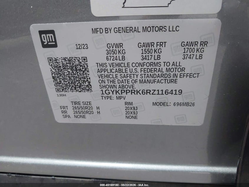 2024 Cadillac Lyriq Luxury W/1Sc VIN: 1GYKPPRK6RZ116419 Lot: 45169180