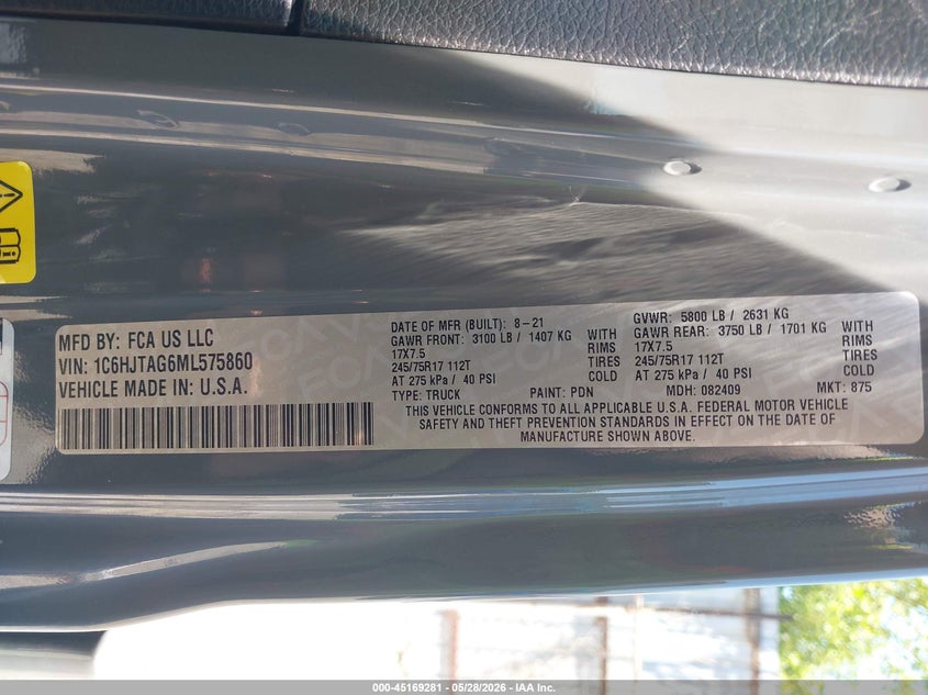 2021 Jeep Gladiator Sport 4X4 VIN: 1C6HJTAG6ML575860 Lot: 45169281