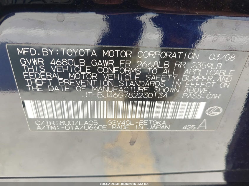 2008 Lexus Es 350 VIN: JTHBJ46G782230134 Lot: 45169350