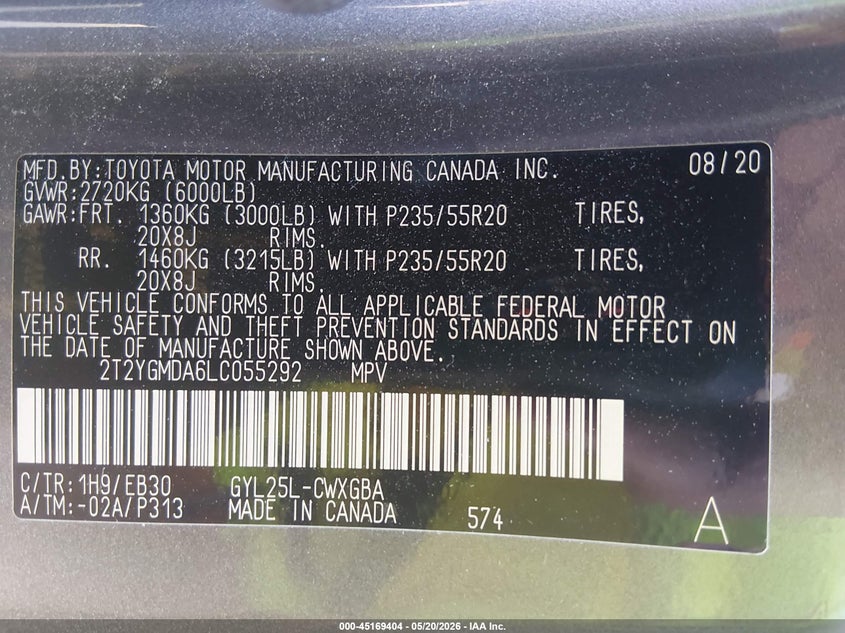 VIN: 2T2YGMDA6LC055292 2020 LEXUS RX 450H F SPORT PERFORMANCE
