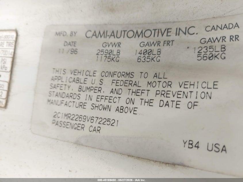 1997 Geo Metro VIN: 2C1MR2269V6722521 Lot: 45169458