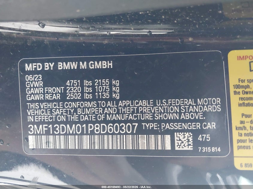 2023 BMW M2 VIN: 3MF13DM01P8D60307 Lot: 45169493