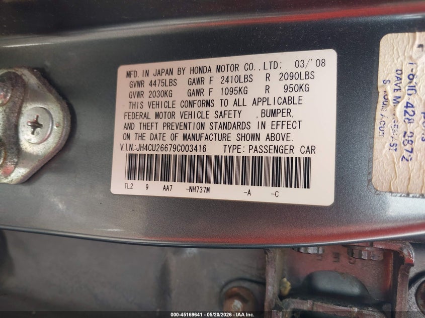 2009 Acura Tsx VIN: JH4CU26679C003416 Lot: 45169641