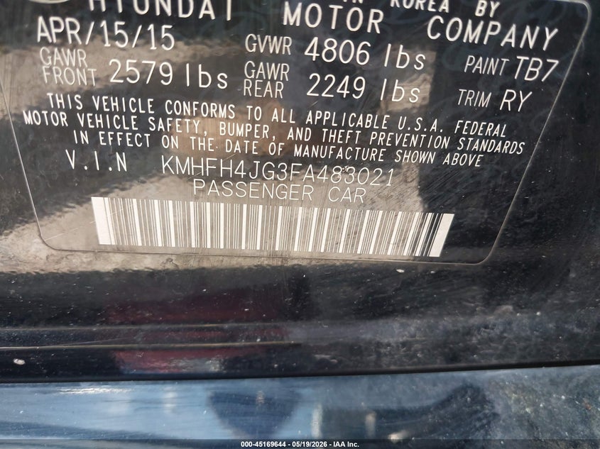 2015 Hyundai Azera Limited VIN: KMHFH4JG3FA483021 Lot: 45169644