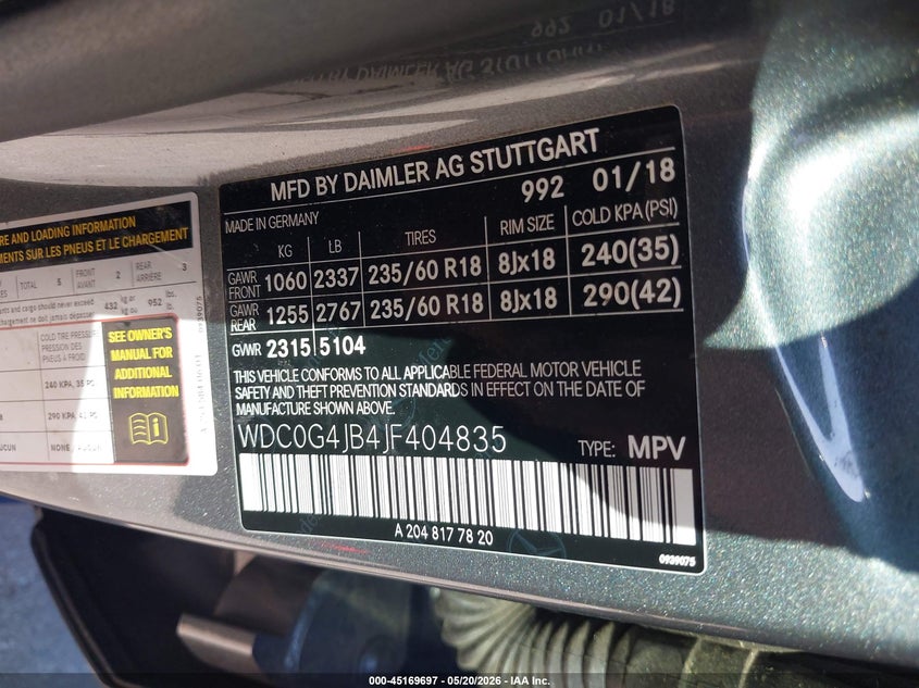 2018 Mercedes-Benz Glc 300 VIN: WDC0G4JB4JF404835 Lot: 45169697