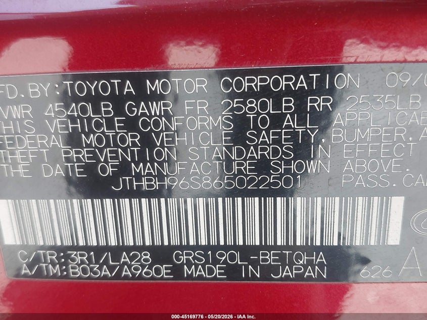 2006 Lexus Gs 300 VIN: JTHBH96S865022501 Lot: 45169776