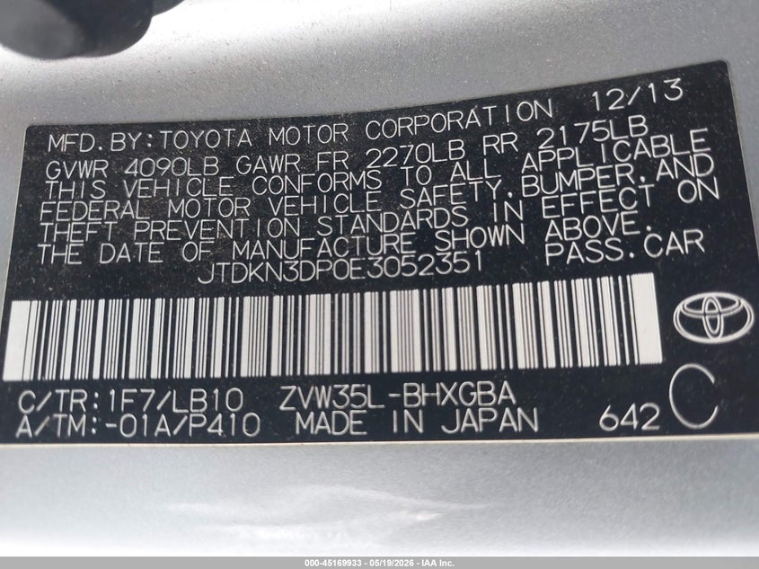 2014 TOYOTA PRIUS HATCHBACK 1.8L I-4 DOHC, VVT, 98HP