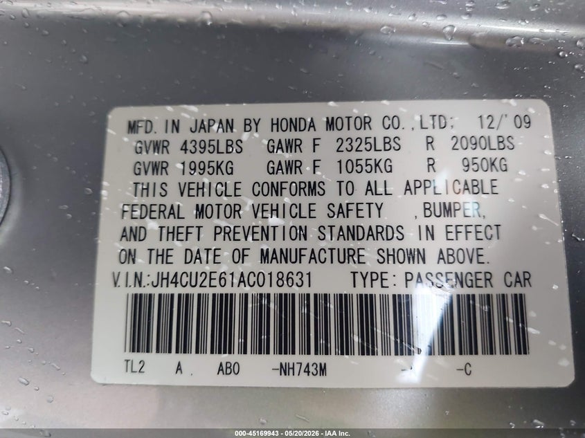 2010 Acura Tsx 2.4 VIN: JH4CU2E61AC018631 Lot: 45169943