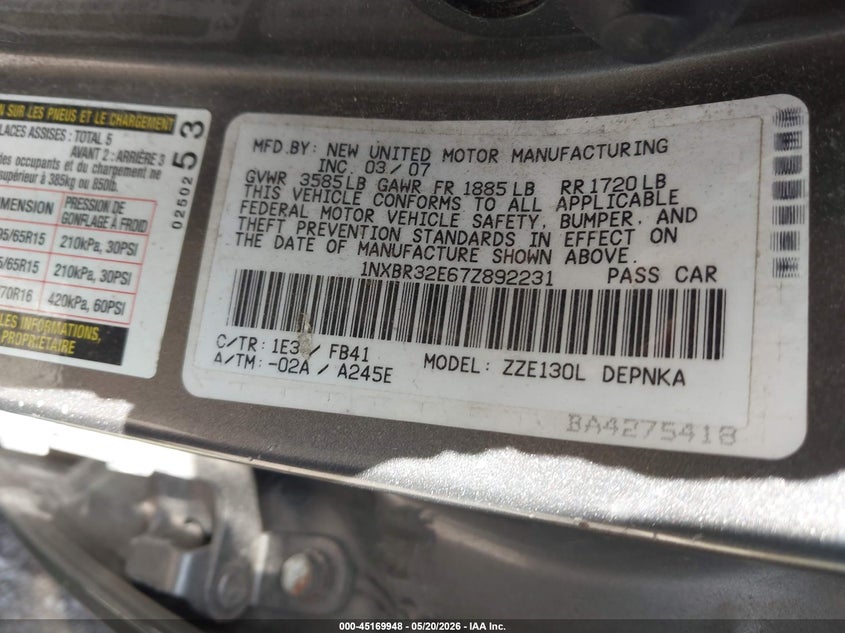 2007 TOYOTA COROLLA SEDAN 1.8L I-4 DOHC, VVT, 126HP