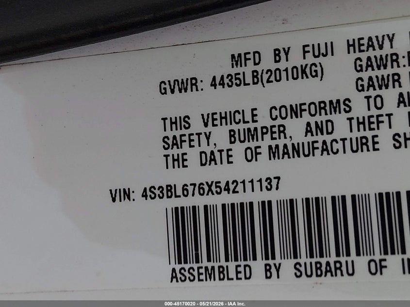 2005 Subaru Legacy 2.5Gt Limited VIN: 4S3BL676X54211137 Lot: 45170020