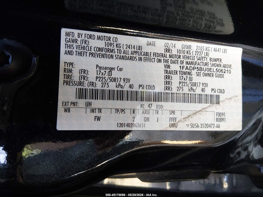 2014 Ford C-Max Hybrid Sel VIN: 1FADP5BU0EL506210 Lot: 45170096