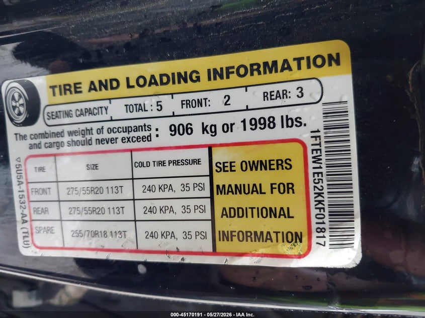 2019 FORD F-150 PICKUP 5.0L V-8 DI, DOHC, VVT, 395HP