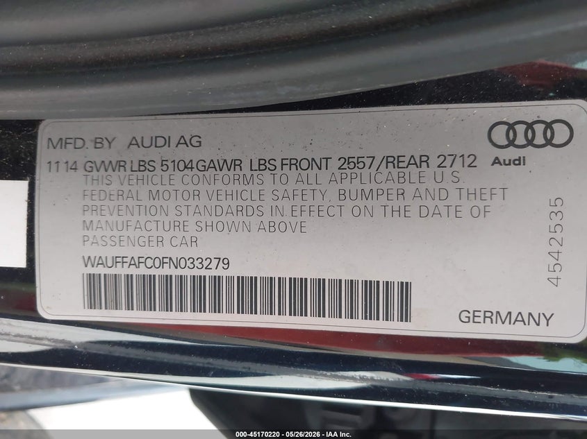 2015 Audi A6 2.0T Premium VIN: WAUFFAFC0FN033279 Lot: 45170220