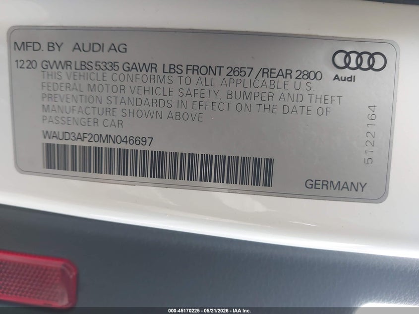 2021 Audi A6 Sport Premium 45 Tfsi Quattro S Tronic VIN: WAUD3AF20MN046697 Lot: 45170225