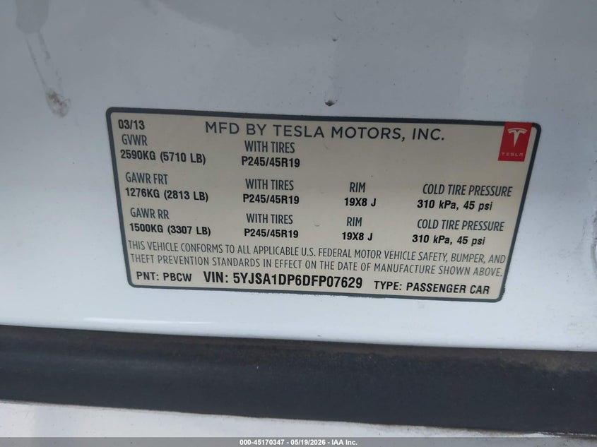 2013 Tesla Model S Performance VIN: 5YJSA1DP6DFP07629 Lot: 45170347