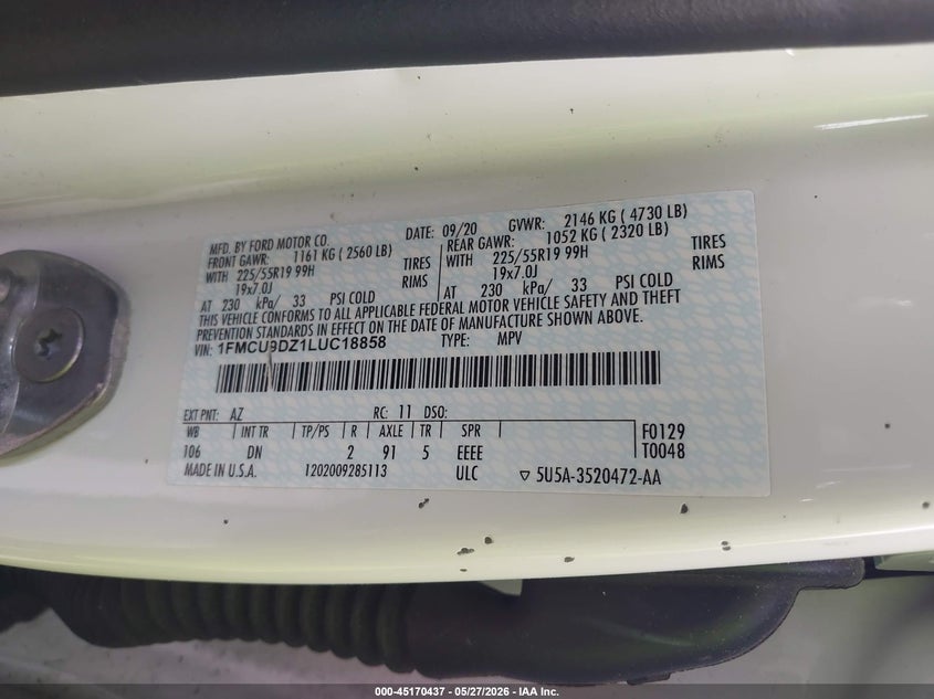 VIN 1FMCU9DZ1LUC18858 2020 FORD ESCAPE TITANIUM HYBRID