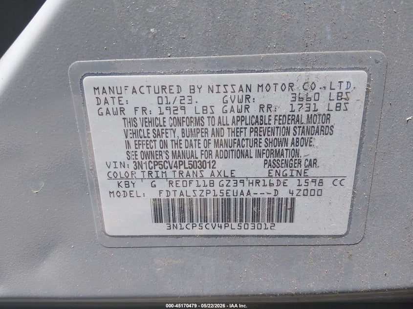 2023 Nissan Kicks Sv Xtronic Cvt VIN: 3N1CP5CV4PL503012 Lot: 45170479