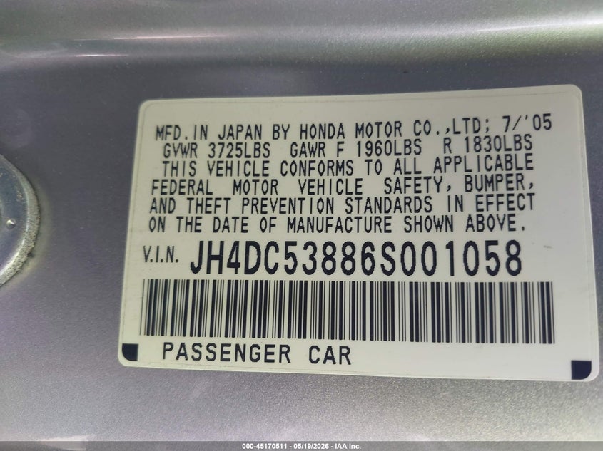 2006 Acura Rsx VIN: JH4DC53886S001058 Lot: 45170511