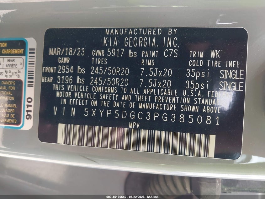 2023 Kia Telluride Sx Prestige X-Line VIN: 5XYP5DGC3PG385081 Lot: 45170540