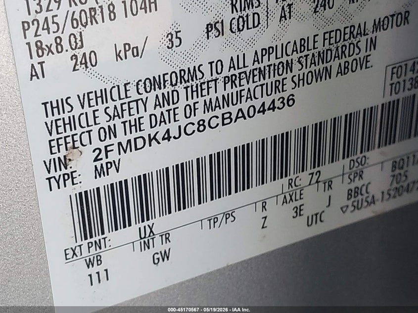 2012 Ford Edge 3.5 Sel silver Lot 111045170567 Vin 2FMDK4JC8CBA04436