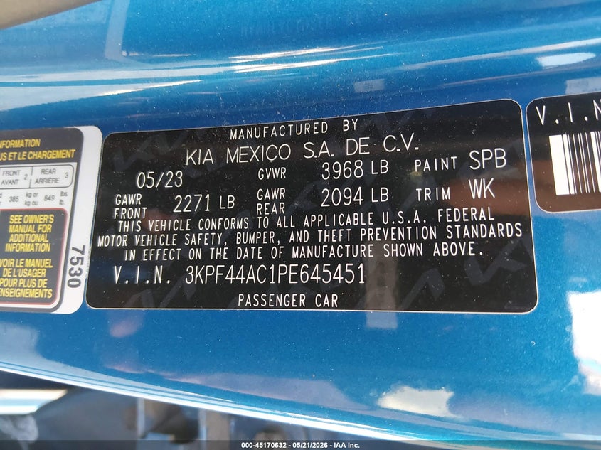 KIA FORTE 2023 VIN 3KPF44AC1PE645451